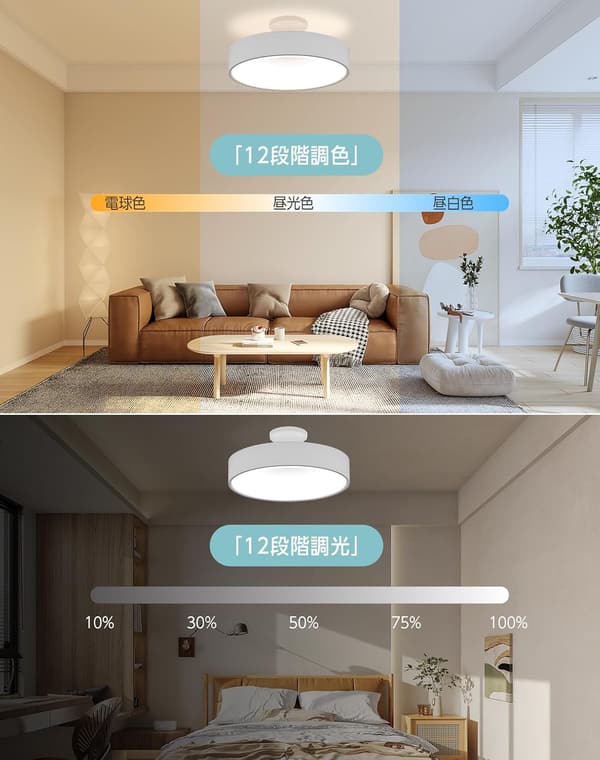 調光LEDシーリングライト 12段階調色 リモコン付 省エネ 6畳〜8畳対応【ユニバーサルstore】 (ホワイト, 30W)