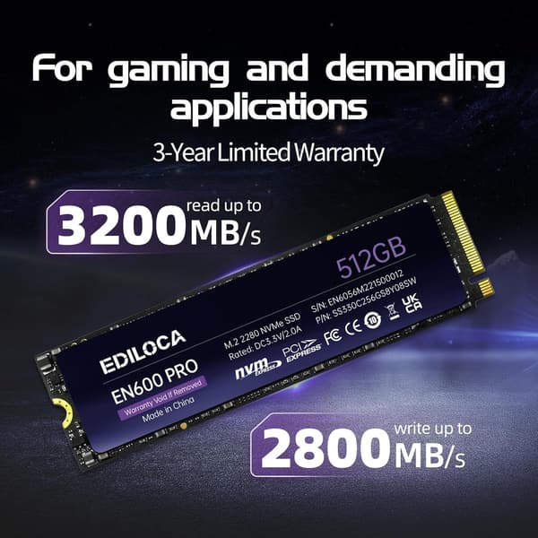 Ediloca EN600 PRO 512GB NVMe M.2 SSD - 最大3200MB/s読込・2800MB/s書込、3年保証