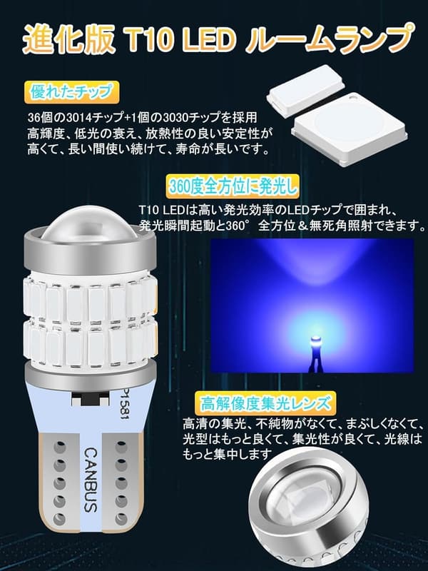 2024年モデル T10 LEDブルー ライト 360°照射 車用ポジション球・ライセンスランプ (2個セット)