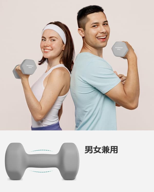 筋力トレーニング用6個セットカラーダンベル（1kg〜5kg、握りやすい無臭素材）
