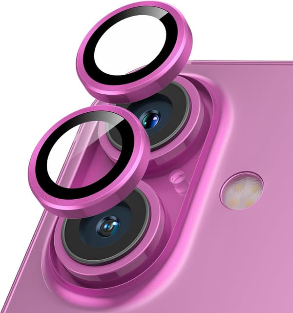 iPhone 16/16 Plus用 9H強化ガラスカメラプロテクター 黒縁ピンク
