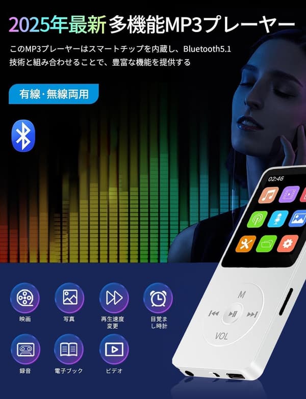 32GB内蔵 MP3音楽プレイヤー スピーカー内蔵 録音/FMラジオ対応 ホワイト