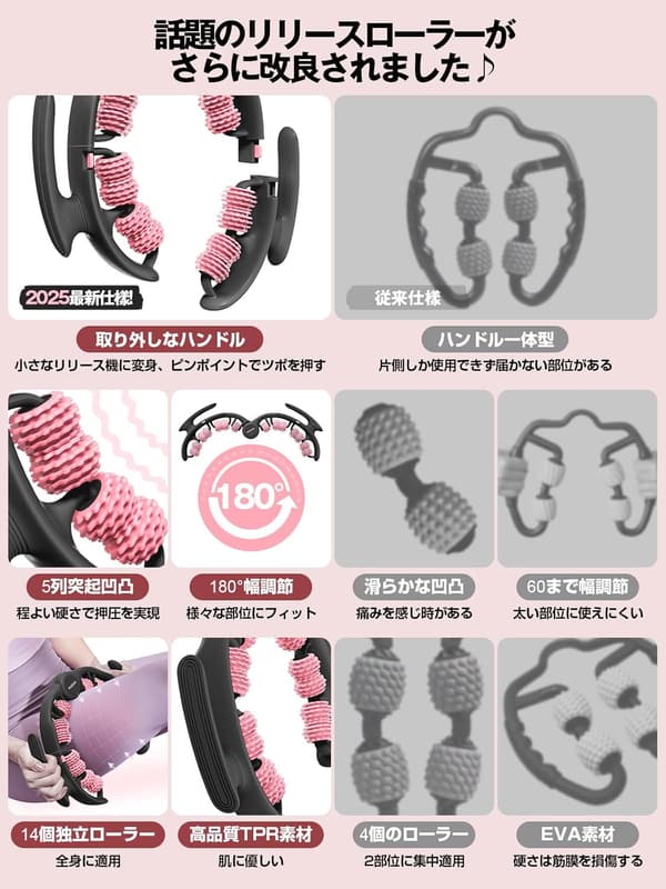 全身筋膜リリースマッサージローラー【特許取得】ブラックピンク