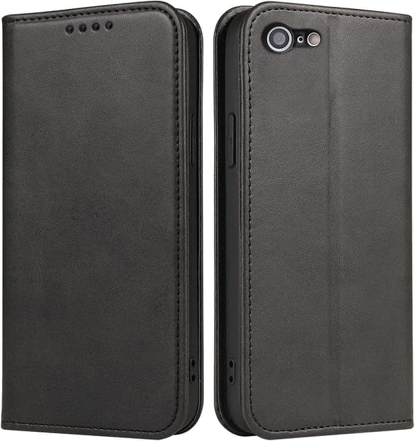 iPhone SE2/SE3/iPhone 8/7 手帳型PUレザースマホケース ブラック 360度保護 カード収納 マグネット式