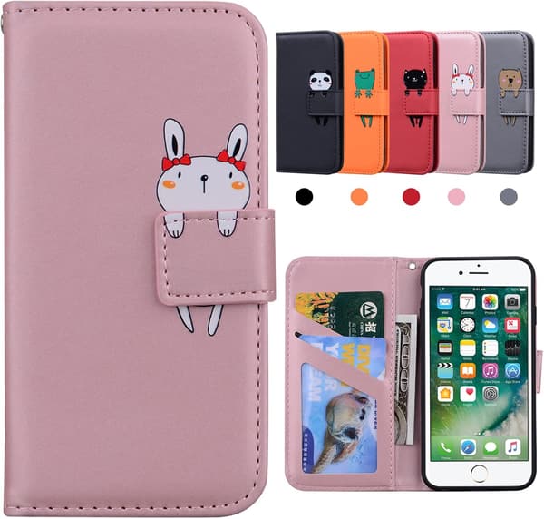iPhone SE (第3世代/第2世代/7/8) 手帳型ケース かわいい動物 デザイン カード収納 スタンド機能 耐衝撃 TPU素材 (ピンク)