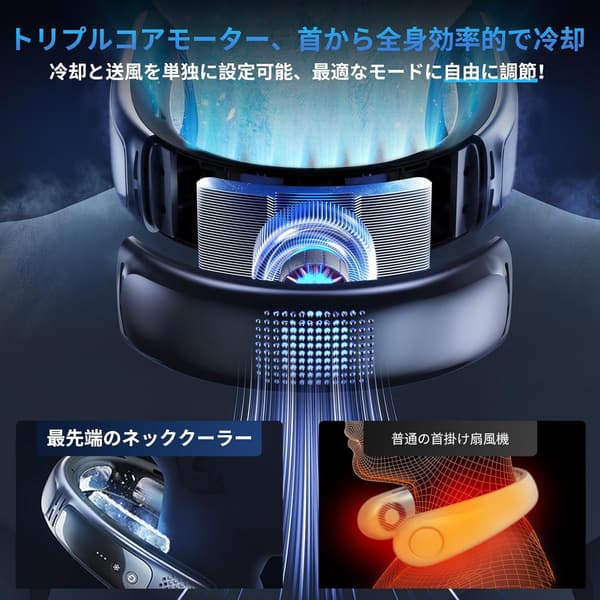 熱中症対策 ネッククーラー 携帯扇風機 ハンズフリー ひんやり急速充電 ダックブルー