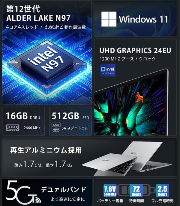 15.6インチ フルHD ノートパソコン 第12世代 16GBメモリ 512GB SSD Windows11