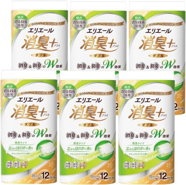 エリエール 消臭プラス トイレットペーパー ダブル 25m×72ロール（12ロール×6パック） ナチュラルクリアの香り【ケース販売】