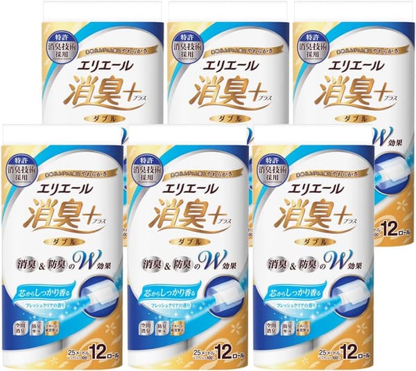エリエール トイレットペーパー 消臭プラス 25m×72ロール ダブル フレッシュクリアの香り【ケース販売】