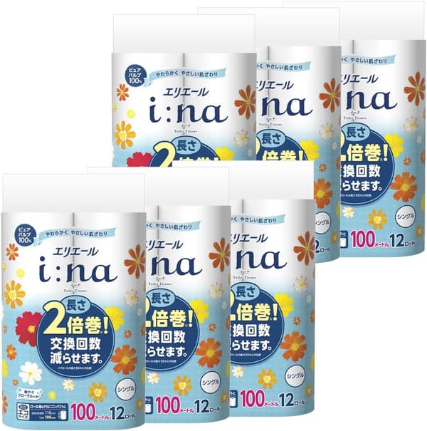 エリエール イーナ トイレットペーパー シングル 100m×72ロール（12ロール×6パック）パルプ100% フローラルの香り 【ケース販売】