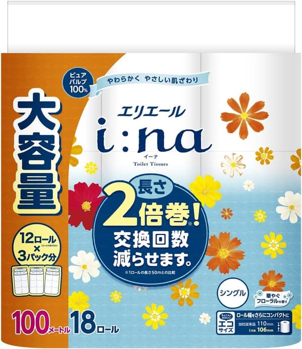 エリエール トイレットペーパー i:na 2倍巻き 100m×72ロール フローラル香ケース販売