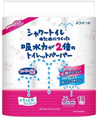 シャワートイレ用 吸水力2倍 フラワープリントトイレットペーパー 18ロール【4個セット】