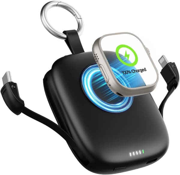 2025年新登場 モバイルバッテリー 5000mAh USB-C&iPhoneケーブル内蔵 超軽量・薄型 Apple Watch・スマホ同時充電対応