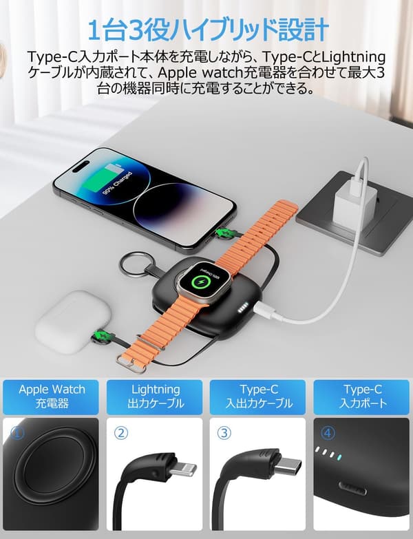 2025年新登場 モバイルバッテリー 5000mAh USB-C&iPhoneケーブル内蔵 超軽量・薄型 Apple Watch・スマホ同時充電対応