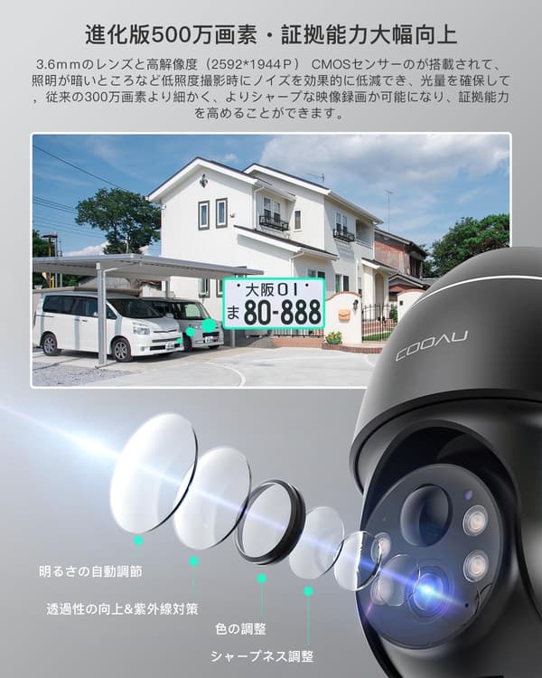 【屋外用防犯カメラ】500万画素ソーラー電源・工事不要・360°広角撮影・PIR検知・双方向通話