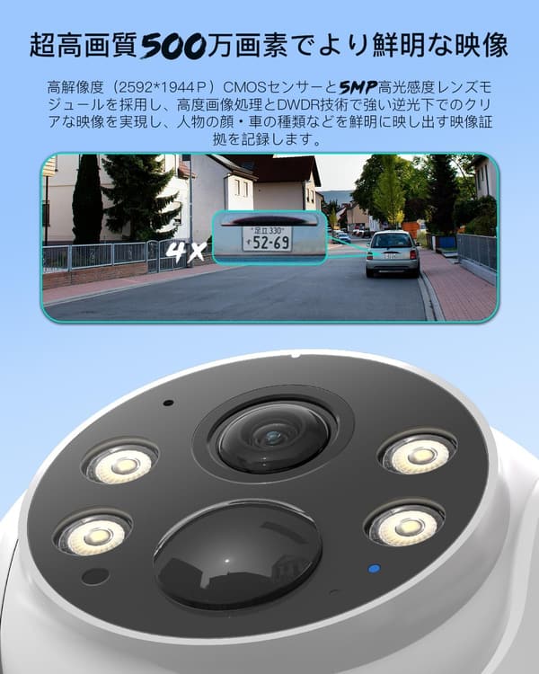 屋外用ソーラー防犯カメラ 500万画素 360°撮影 暗視機能搭載 完全ワイヤレス
