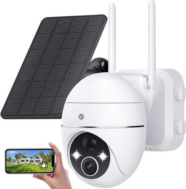 【屋外防犯カメラ】 500万画素 ソーラー 360度撮影 PIR動体検知 双方向通話 WiFi対応 防水 (ホワイト)