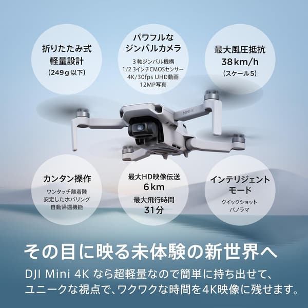 4Kカメラ搭載DJI Miniドローン - 31分飛行・自動帰還機能