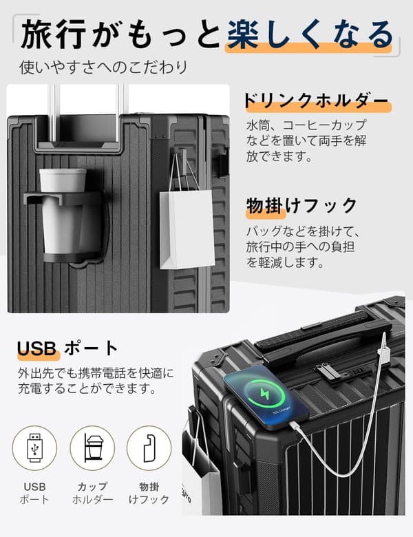 機内持ち込み対応 軽量多機能スーツケース（ストッパー静音キャスター・USBポート・ブラック・Sサイズ）