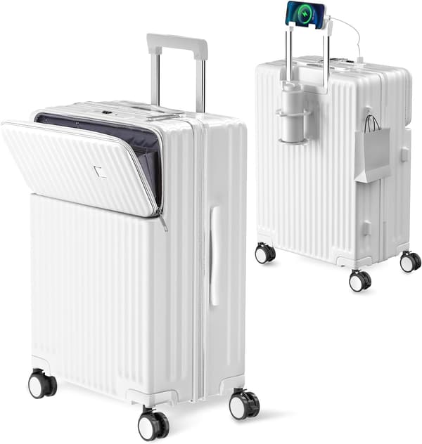 多機能 スーツケース Type C・USBポート・TSAロック搭載 隠しフック・カップホルダー付き 超軽量・静音 旅行用キャリーバッグ (Sサイズ/1-3泊/42L/機内持込, ホワイト)