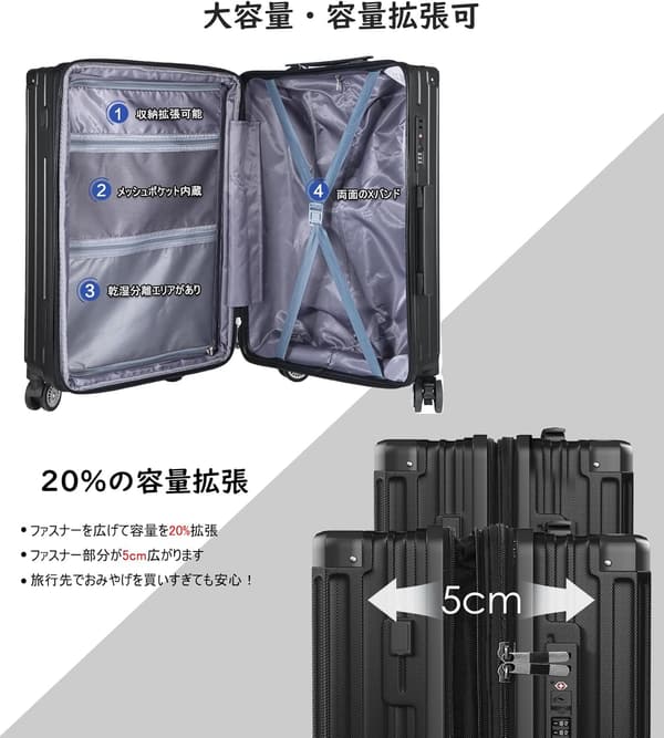 多機能 USBポート付き軽量キャリーケース Sサイズ 機内持込用 (ブラック)