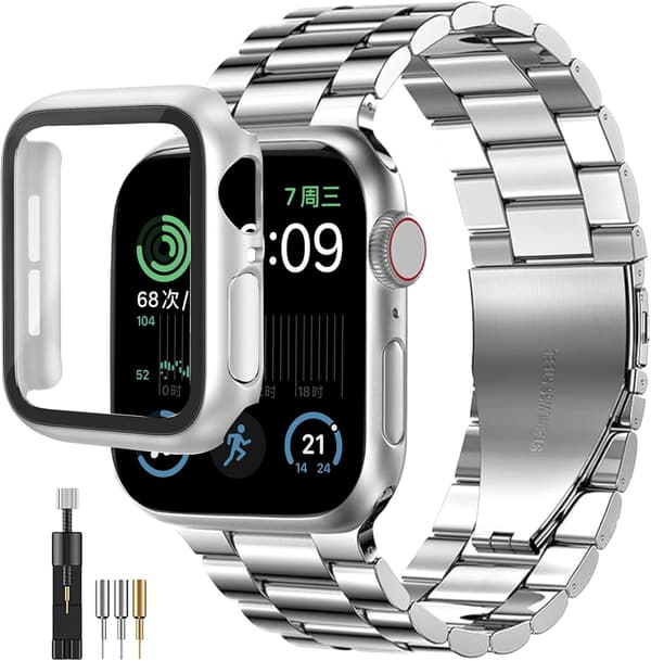 Apple Watch用ステンレス交換バンド（41mm シルバー）保護ケース付き メンズ・レディース兼用