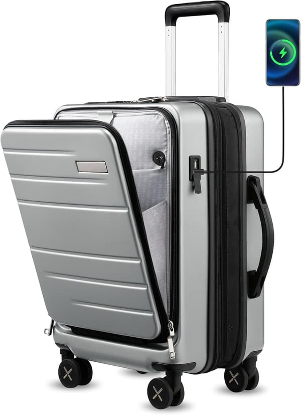 機内持ち込みスーツケース Sサイズ 充電USB付き 100％PC素材 36L シルバー