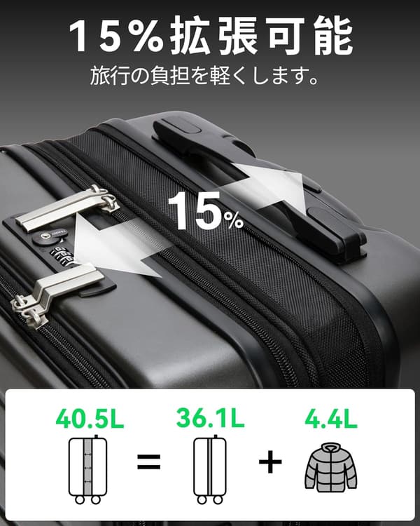 機内持ち込みスーツケース Sサイズ 充電USB付き 100％PC素材 36L シルバー