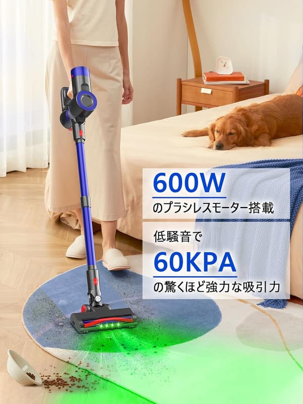 コードレス掃除機 60kpa強力吸引・自立収納・LEDライト搭載 充電式・軽量・3段吸引力・サイクロン式・家庭用【1年品質保証】