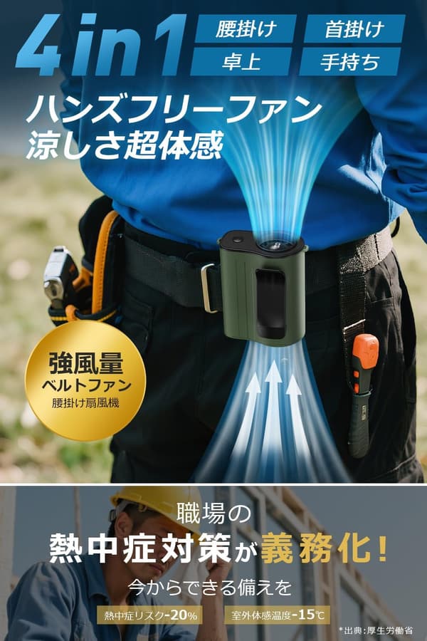 8000mAh大容量携帯扇風機 - 4役対応（腰掛け・首掛け・手持ち・卓上）、100段階風量調節、超軽量182g、USB充電式、熱中症対策（ダークグリーン）
