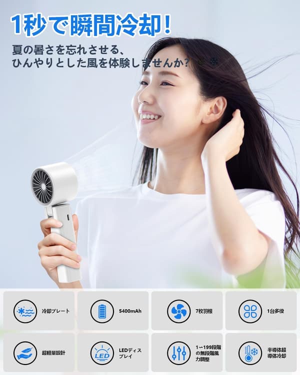 夏の熱中症対策に最適な強力送風ハンディファン -20℃瞬間冷却、5400mAh充電式、軽量・携帯型、液晶残量表示付き
