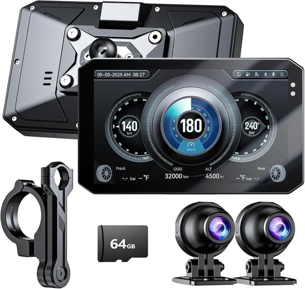 バイク用ドライブレコーダー GPS搭載 5インチタッチパネル 音声案内 BT対応 IP68防水防塵 24時間駐車監視 64GBメモリカード付き