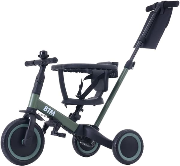1歳-5歳向け 5in1調整可能三輪車 押し棒・補助輪付き (マットグリーン)