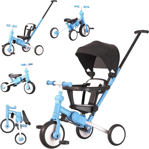 1歳～6歳向け折りたたみ式三輪車 7in1 ステップ付き おしゃれ おもちゃ (ブルー)