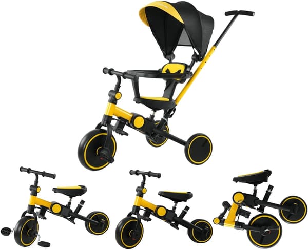 クリスマス誕生日プレゼント 7in1 三輪車 手押し棒付き イエロー