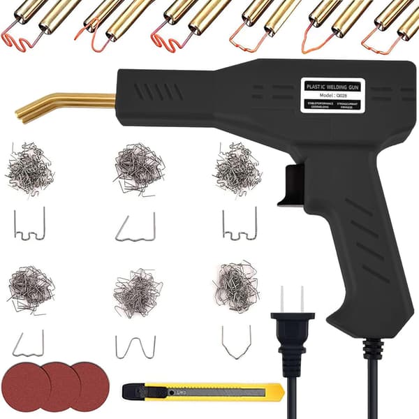バンパー補修用プラスチック溶接機キット 110V 300本の溶接釘、ナイフ・サンドペーパー付(ブラック)