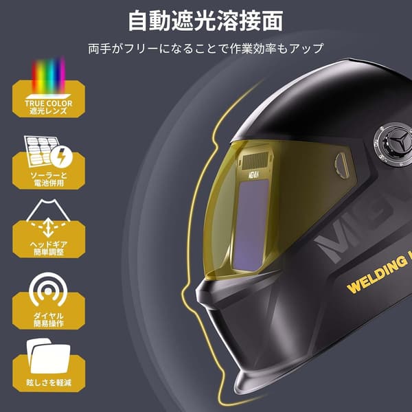 自動遮光溶接面 H-21 軽量ヘッドギア装備 ソーラーパワー充電式 溶接マスク