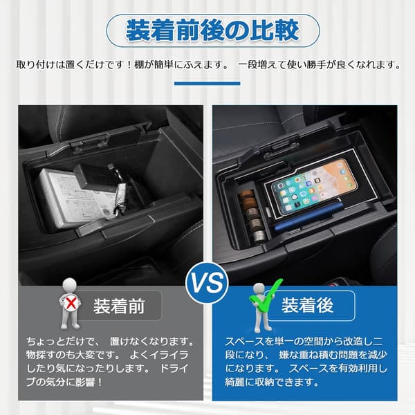 トヨタ ハリアー 80系 専用 内蔵型コンソールボックス コード通し穴付き 車内収納トレイ ラバーマット付き