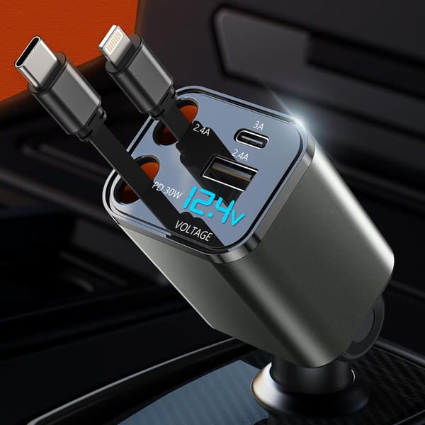 巻き取り式LED電圧表示車載充電器 Type-C/USB-C/ライトニング/USB-A 4台同時急速充電 DC12/24V対応