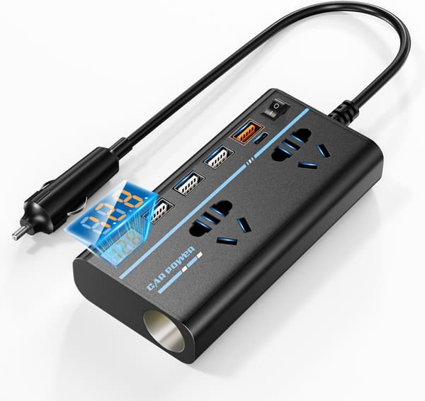 200Wカーインバーター DC12VからAC110V変換 シガーソケット対応 8ポート 12V全車種対応 ブラック