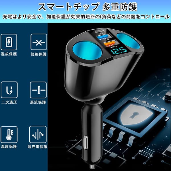 2連PD20W高速車載充電器 - デュアルQC3.0ポート搭載 12V/24V車対応 LED表示付き