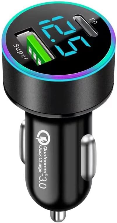 車載充電器 USB急速充電器 PD 36W+QC 自動電流識別 LEDディスプレイ 12～24V車対応 ブラック