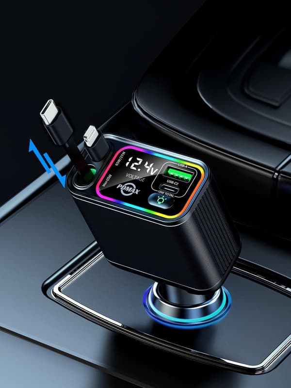 巻き取り式車載充電器 107W シガーソケット USB Type-C・Lightningケーブル2本付 iPhone/iPad/Galaxy/Xperia対応 LED電圧計付き
