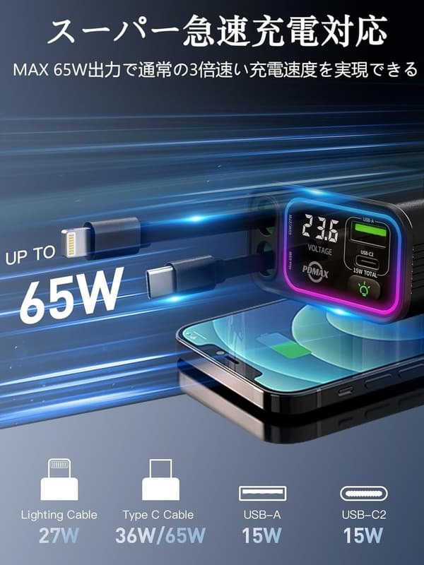 巻き取り式車載充電器 107W シガーソケット USB Type-C・Lightningケーブル2本付 iPhone/iPad/Galaxy/Xperia対応 LED電圧計付き