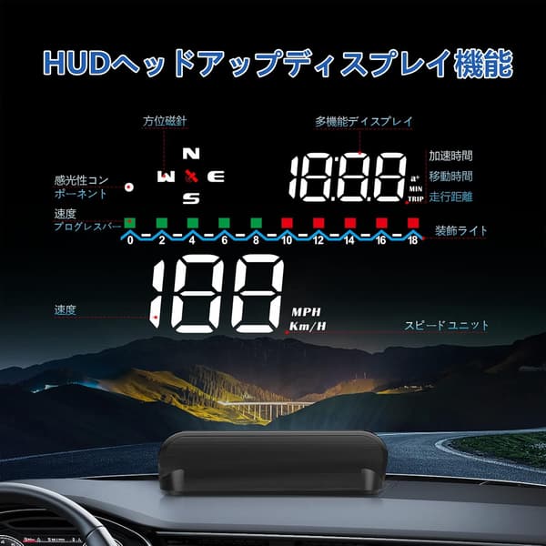GPSスピードメーターHUD - フロントガラス用表示器、すべての車に対応、リマインダー機能付き