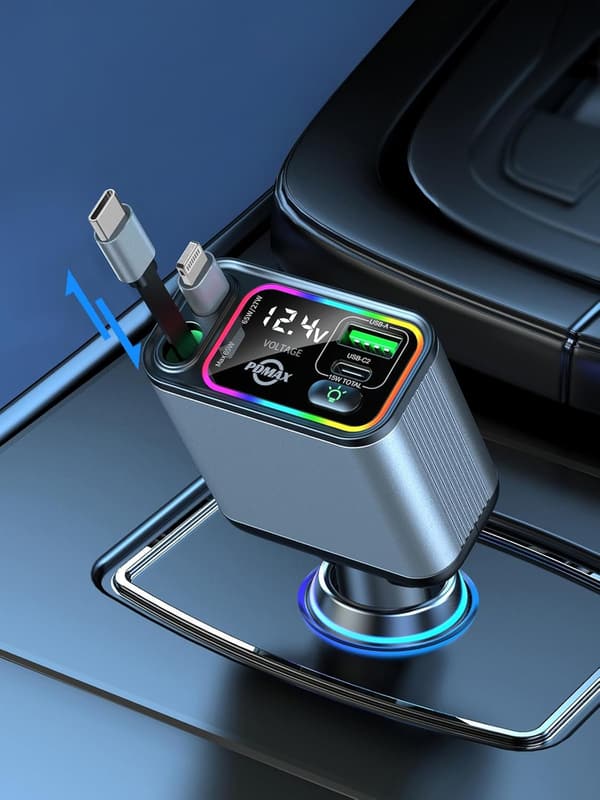 107W 車載充電器 4台同時充電 巻き取り式ケーブル2本 LED電圧計搭載 (グレー/Type-C+Lightning)