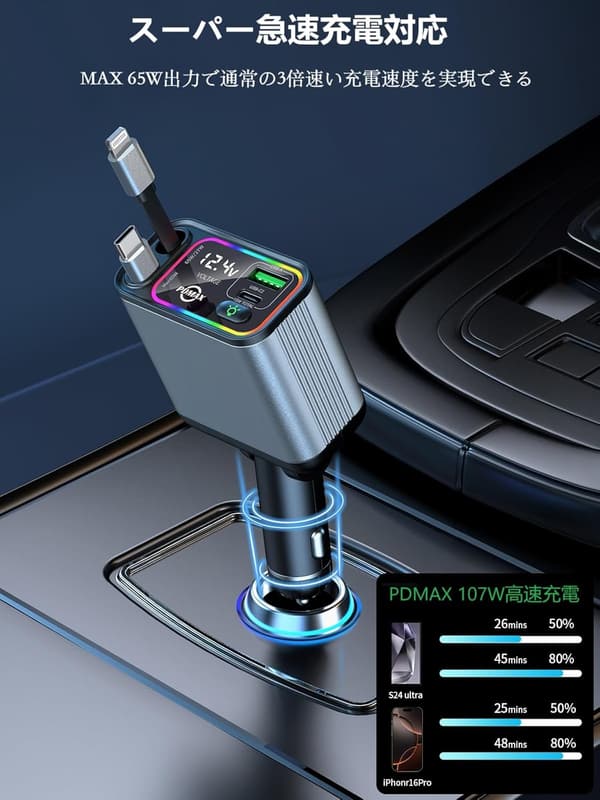 107W 車載充電器 4台同時充電 巻き取り式ケーブル2本 LED電圧計搭載 (グレー/Type-C+Lightning)
