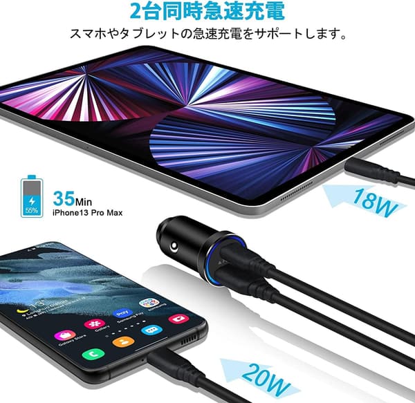 USB急速充電車載充電器 LED電圧測定機能 36W PD & QC対応 ローズゴールド【iPhone・Android・IQOS対応】