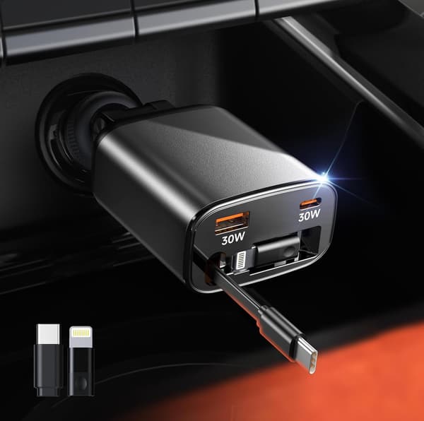 急速充電対応シガーソケット USBカーチャージャー 105W/12V-24V車用 角度調節・巻き取り式・3台同時充電対応
