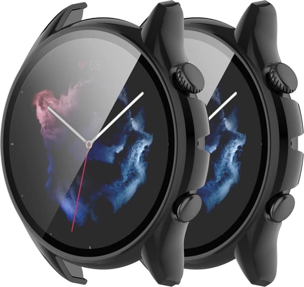 Amazfit GTR 3/GTR 3 Pro用 ケース（2個セット） - 強化ガラス保護カバー付き ブラック